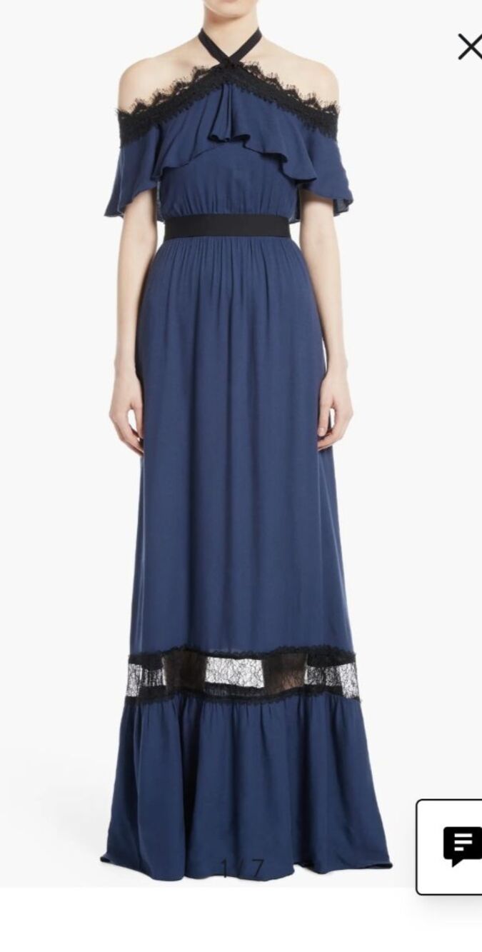 Women's Alice & Olivia Mitsy Halter Maxi Dress Size 4 Navy Black Off Shoulder